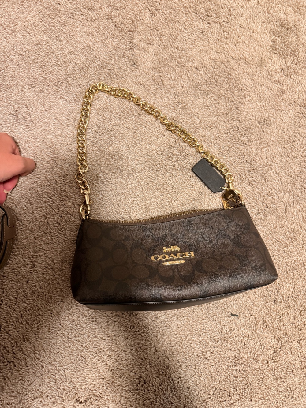 Coach Dark Brown Signature Canvas Mini Shoulder Bag with Gold Chain
